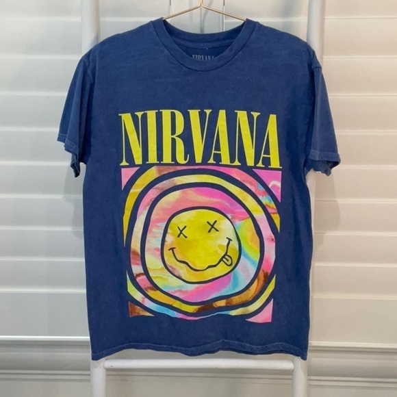 Nirvana Smiley Face Logo Blue-Washed Licensed Band T-Shirt NWOT | Medium - Picture 1 of 5